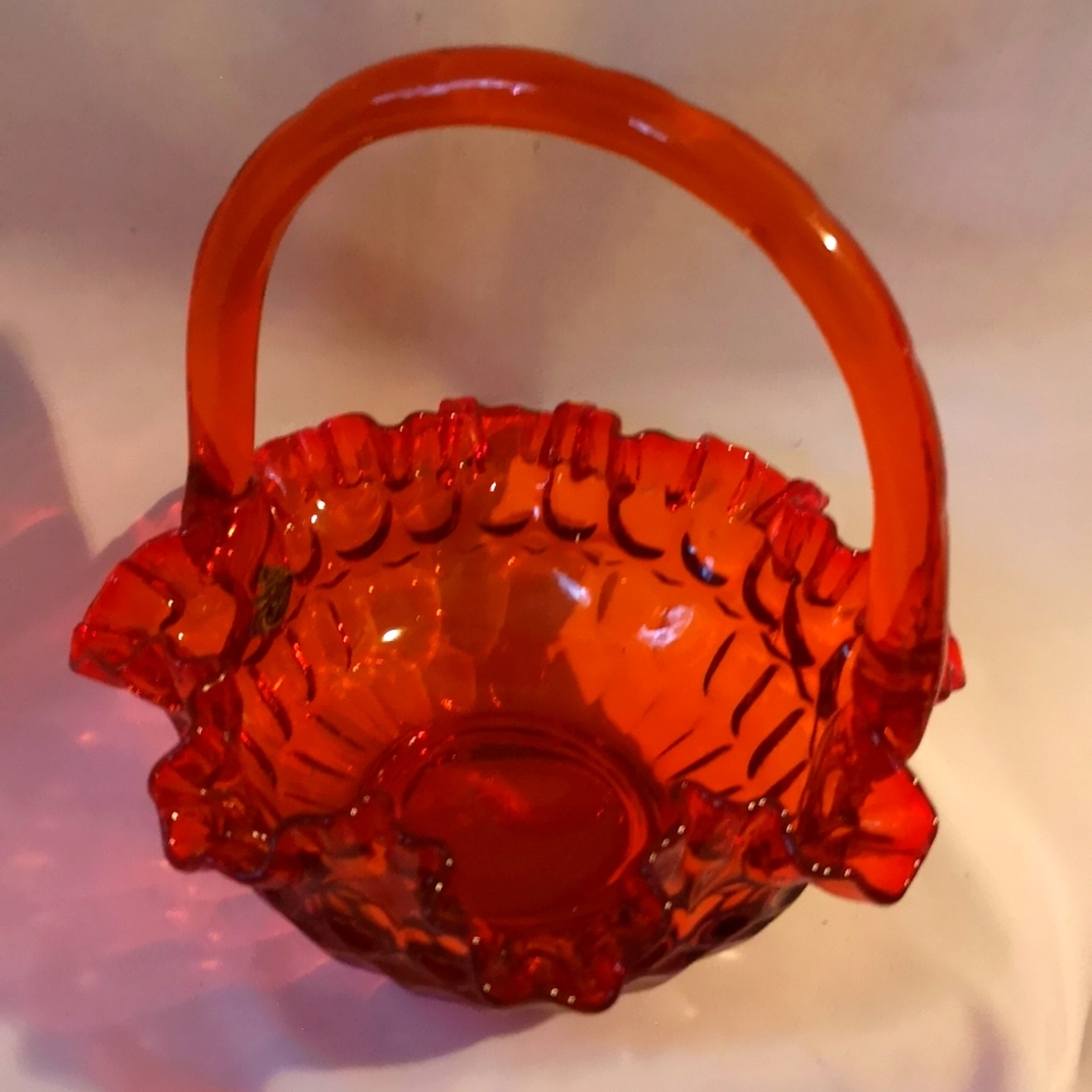 Beautiful Vintage Fenton Glass Basket w Thumb Print Ruffle HTF Persimmon GLOWS